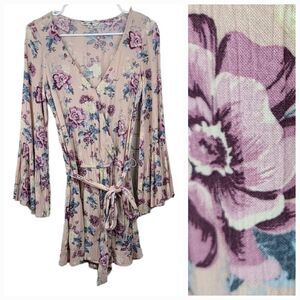 American Eagle Pink Floral Romper Long Bell Sleeve Boho Rose Crepe Wrap V-Neck